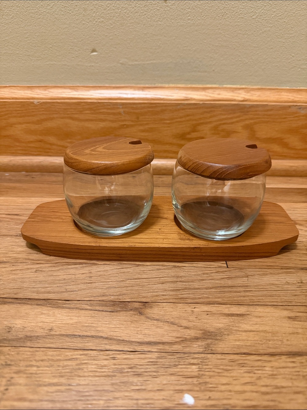 Vintage Teakwood Condiment Server; Glass & Wood Condiment Tray